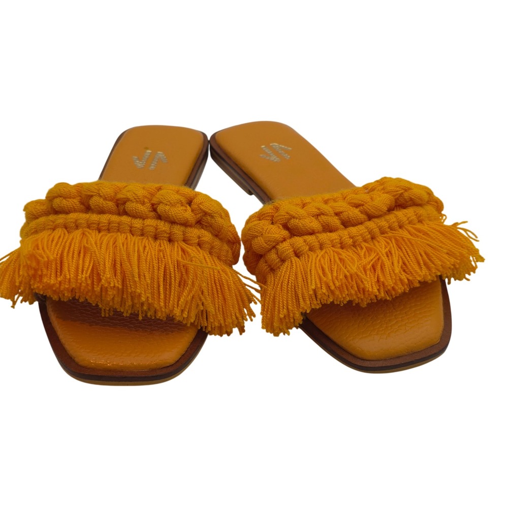 Silvia Cobos Candy Fringe Leather Slide Sandals Mustard Boho Flat 8.5 Boho Coast